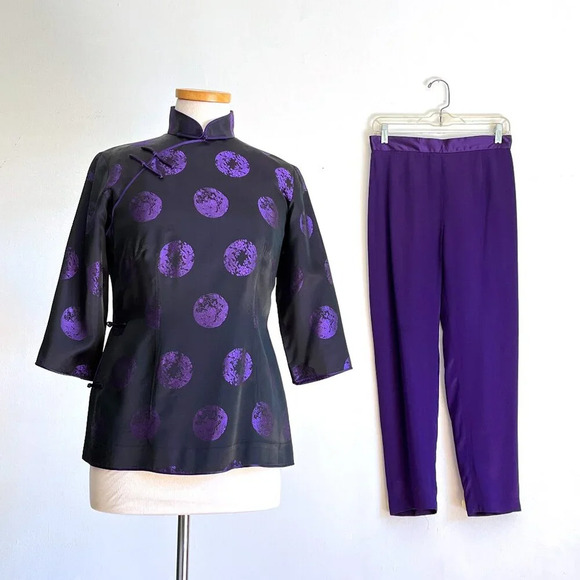Shanghai Tang Imperial Tailors Silk Satin Jacquard Pant Suit 2 Piece Set - Picture 1 of 8